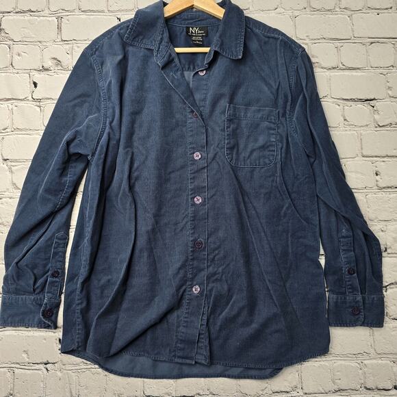 Vintage 90s NY Jeans 100% Cotton Corduroy Blue Long Sleeve Button Up Blouse L - Picture 2 of 10
